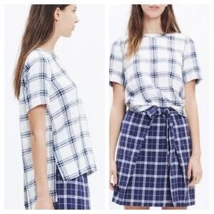Madewell Industry Plaid Womens White Blue Plaid Button Back High Low Top XS